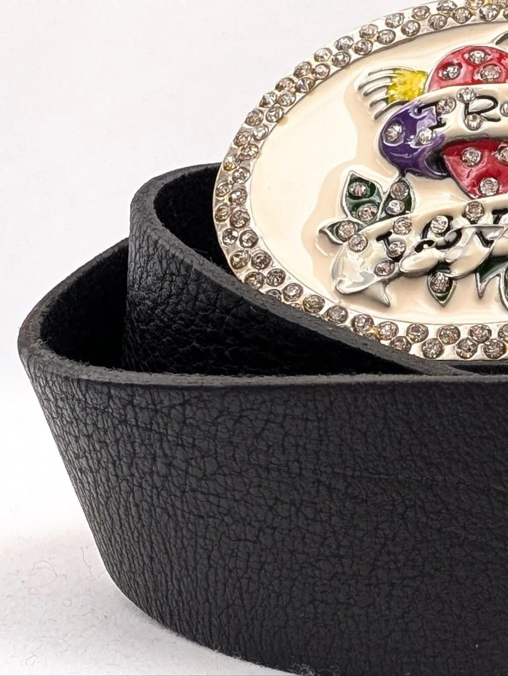 Ed Hardy Leather Belt True Love Enamel & Rhinestone Buckle Y2K Retro Rockabilly